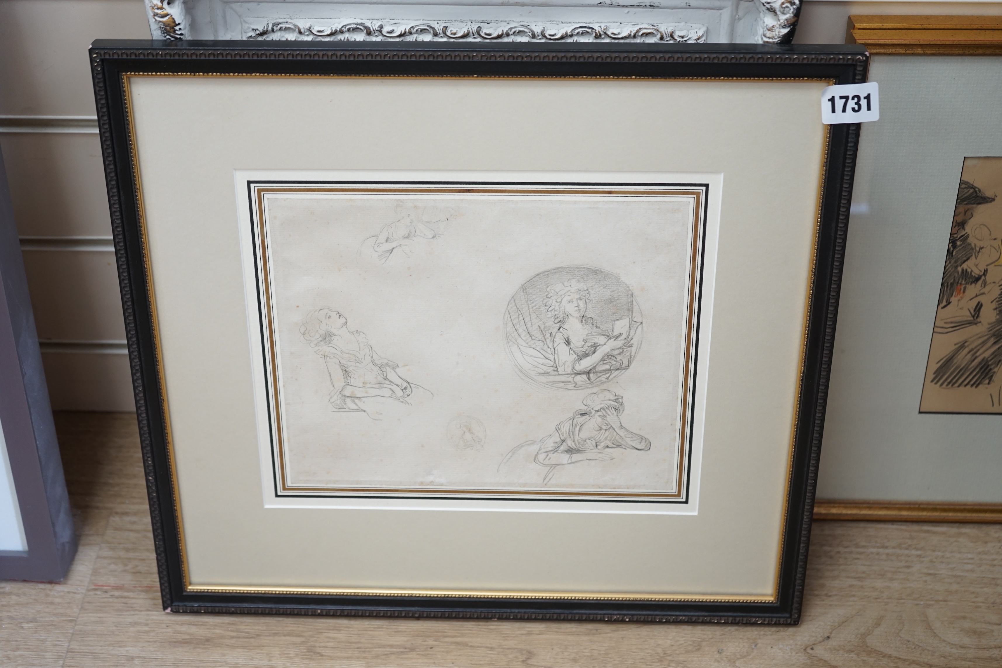 Attributed to Francoise L. Joseph Watteau de Lille (1758-1823), pencil on laid paper, Studies of young women seated, indistinct watermark, sheet size 20 x 24.7 cm (7.9 x 9.8 ins), framed. Condition - poor to fair, foxing